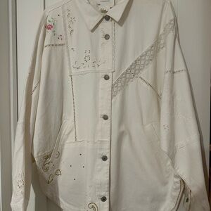 Anthropologie Cream Embroidered Jean Jacket